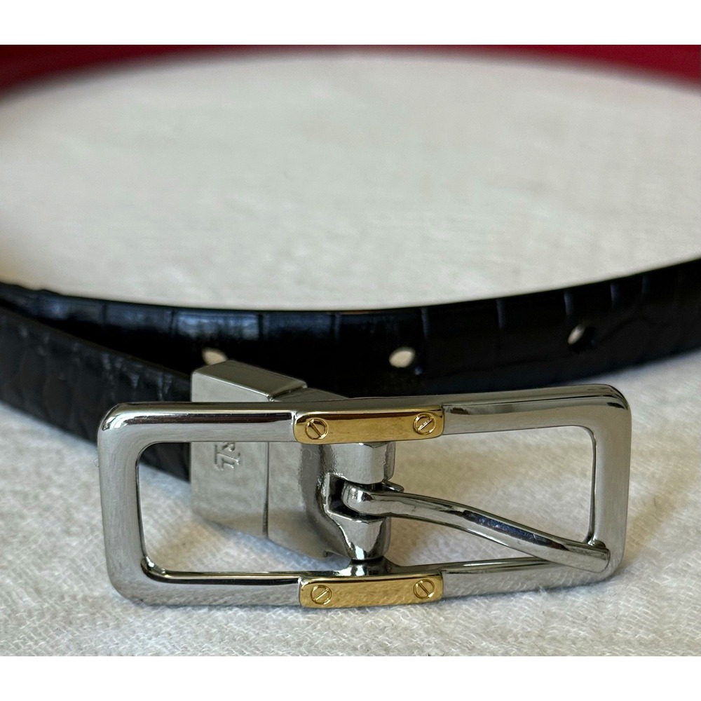 Ralph Lauren Women's Leather Belt Black/Red Size 34 Silver Buckle Logo Chic